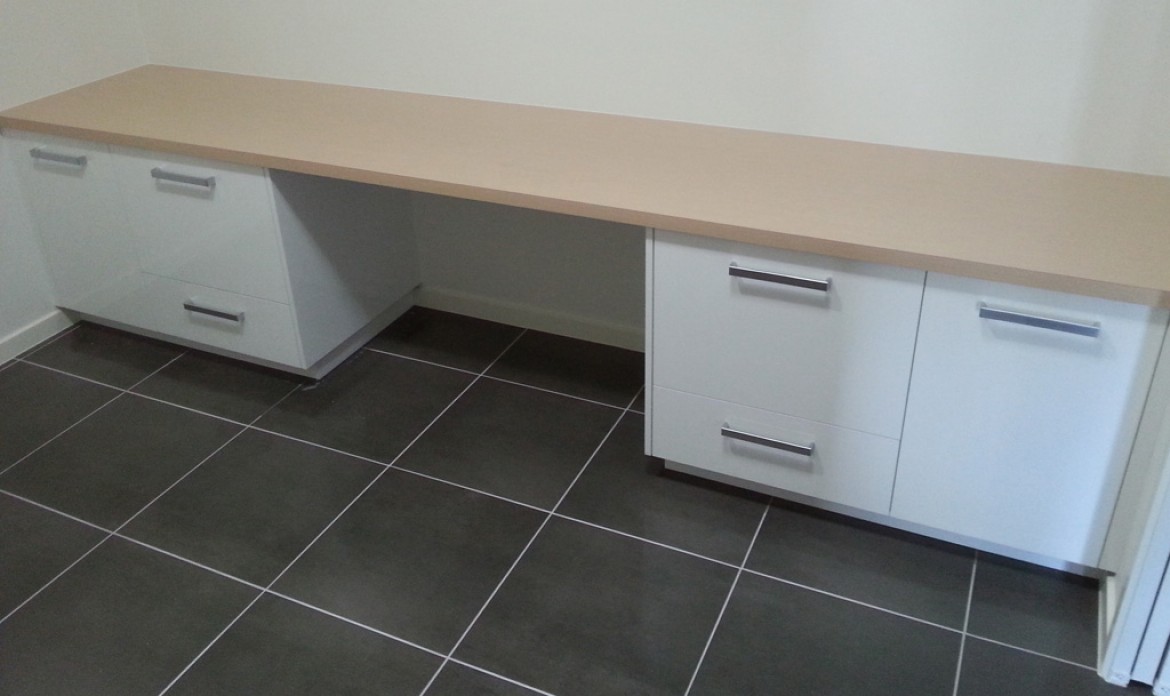 Built In Office Desk And Cabinets In Timber Grain Laminate And